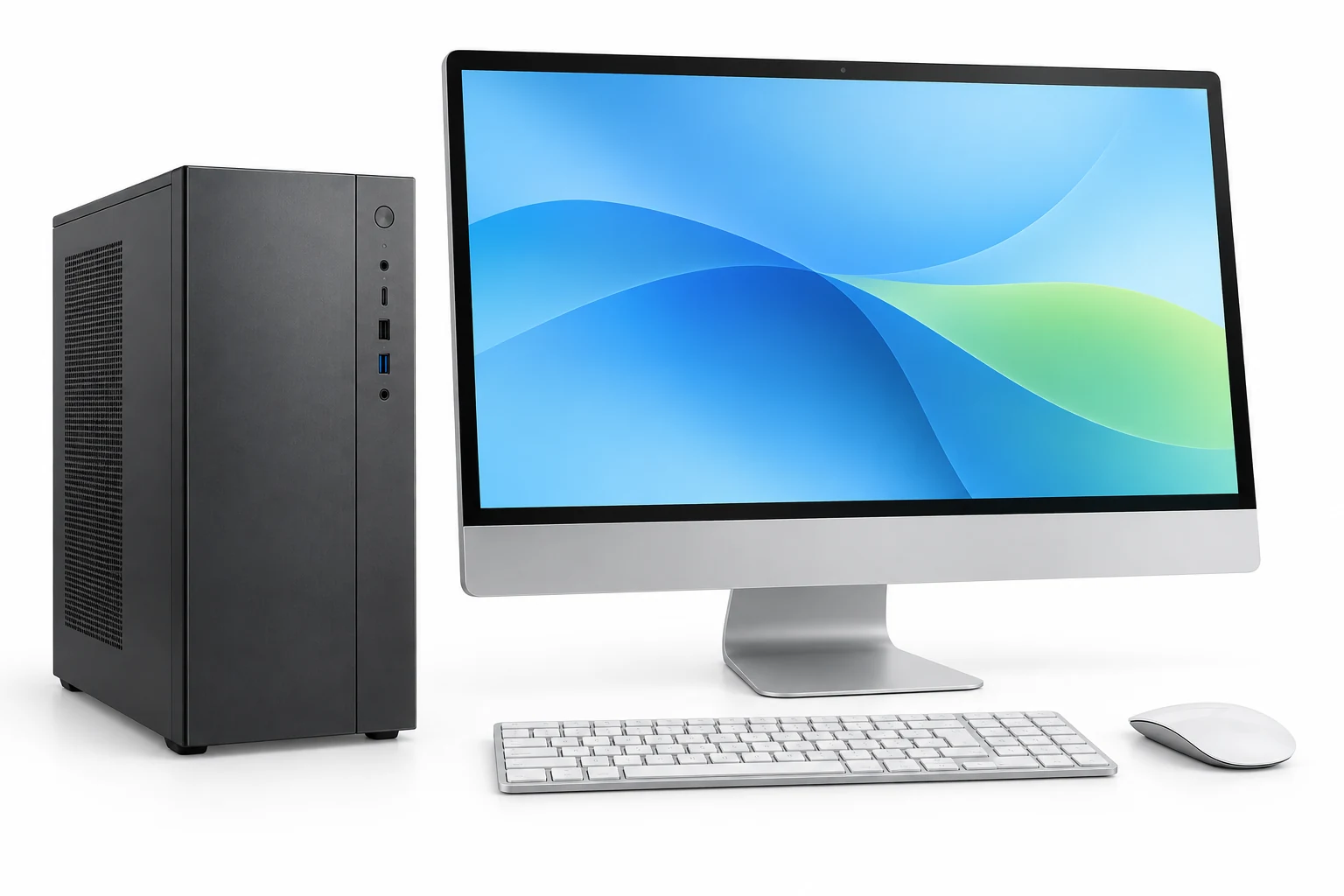 Illustration of a desktop tower and an all-in-one computer