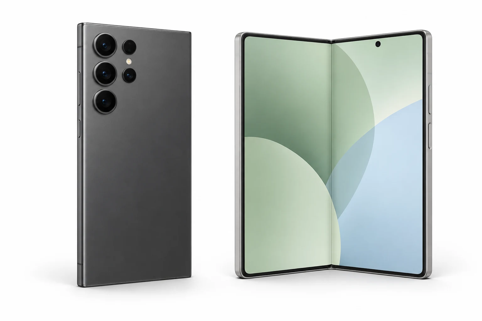 Illustration of Galaxy-style slab and book-folding smartphones