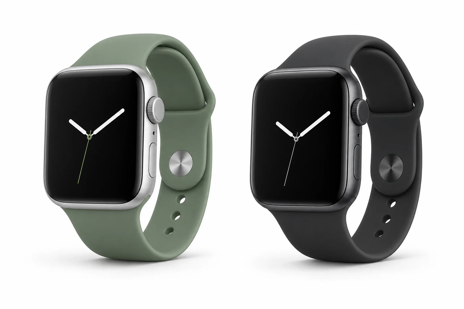 Illustration of two square smartwatches with green and dark bands